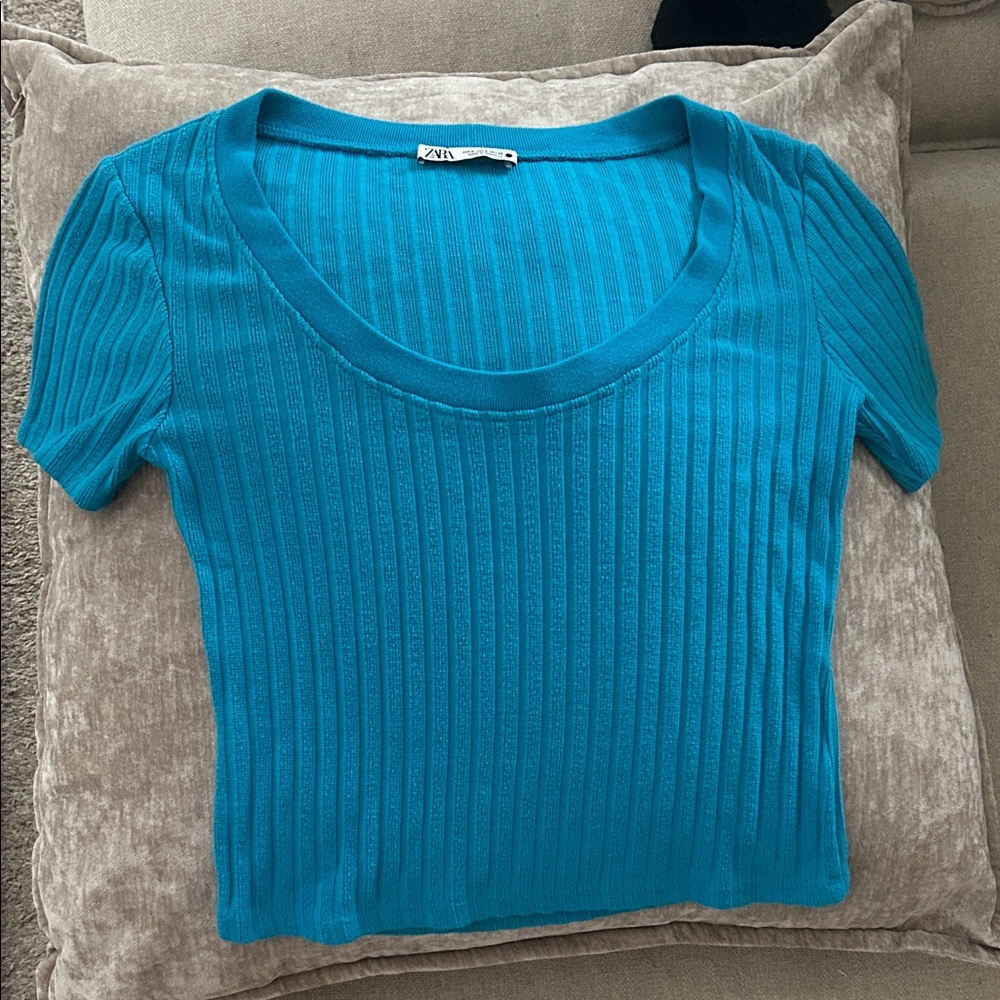 Zara Teal Ribbed Scoop Neck Short Sleeve Top